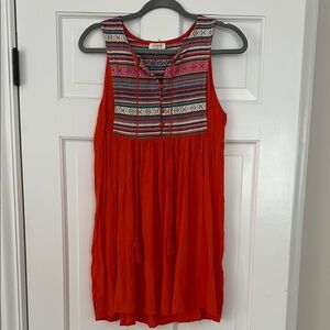 Orange Sleeveless Dress with Multicolor Pattern